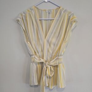 MaxStudio Striped V-Neck Blouse with Tie Waist